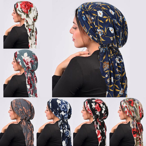 Printed Curved Fabric Two Tails Turban Hat Airplane Hat