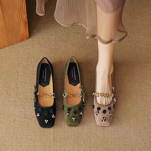 法式蝴蝶结串珠一字带玛丽珍鞋女春夏款复古磨砂羊皮方头平底单鞋