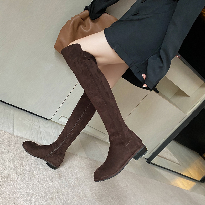 法式咖色过膝长靴女高筒靴弹力靴秋冬长筒靴显瘦过膝靴胖mm大筒围