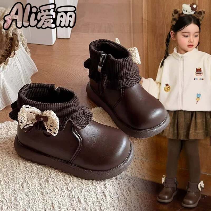 女童二棉保暖加绒短靴2026冬季新款蝴蝶结针织靴筒软底防滑公主靴