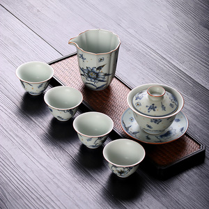 亚青釉中彩功夫茶具三才盖碗一碗四杯青花高端礼品套装复古风