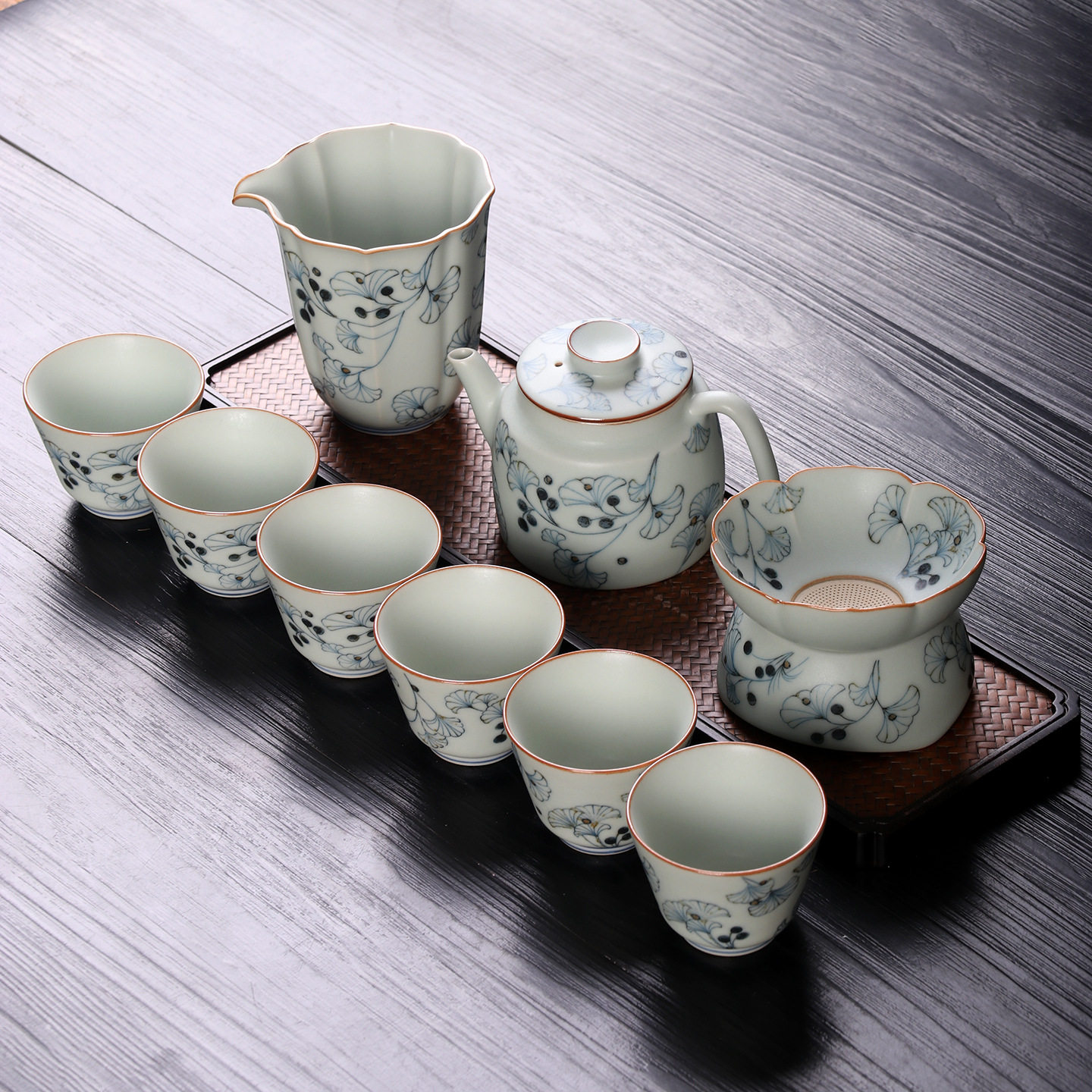 亚青釉中彩功夫茶具仿古壶一壶六杯青花高端礼品套装复古风家用