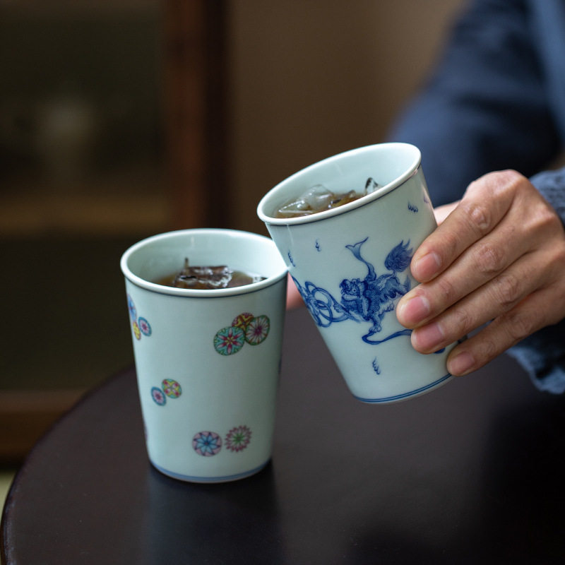 复古釉中彩青花瓷中式茶杯