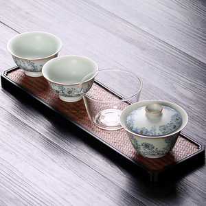 亚青釉中青花瓷二才盖碗两杯复古风随手礼品茶具功夫茶具礼盒