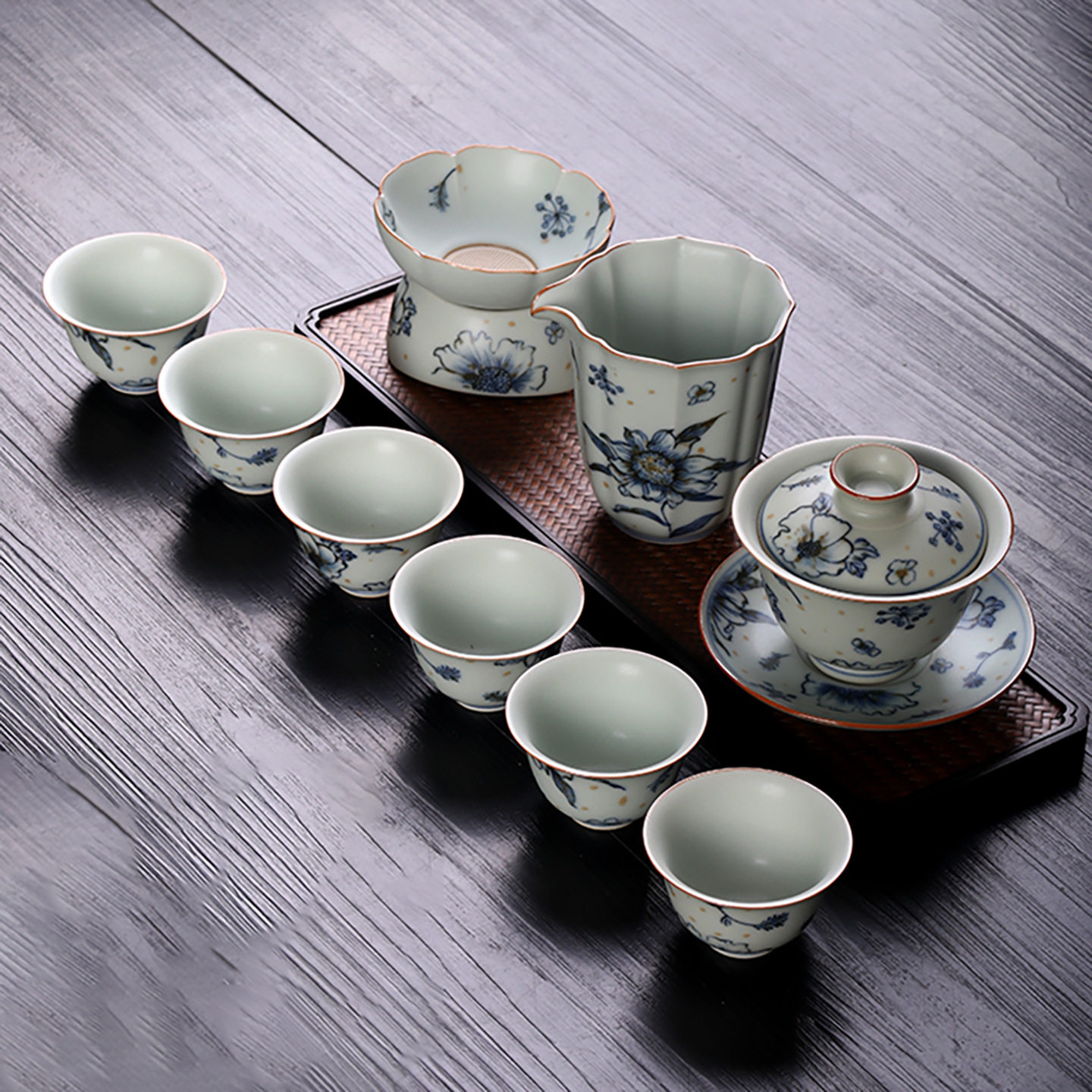 亚青釉中彩功夫茶具三才盖碗一碗六杯青花高端礼品套装复古风