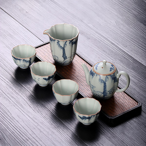 亚青釉中彩功夫茶具美人壶一壶四杯青花高端礼品套装复古风家用