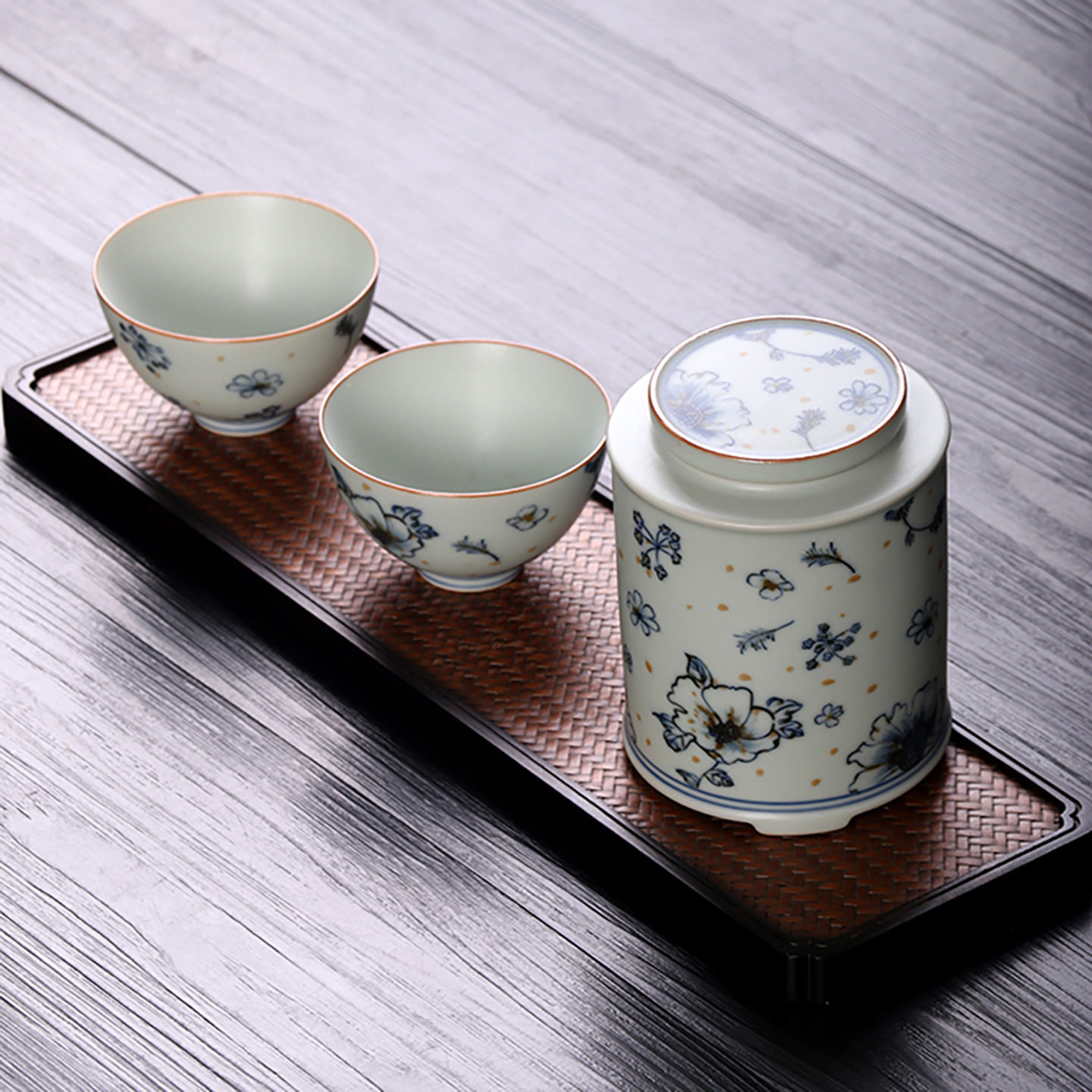 亚青釉中青花瓷茶叶罐两杯复古风随手礼品茶具功夫茶具礼盒套装