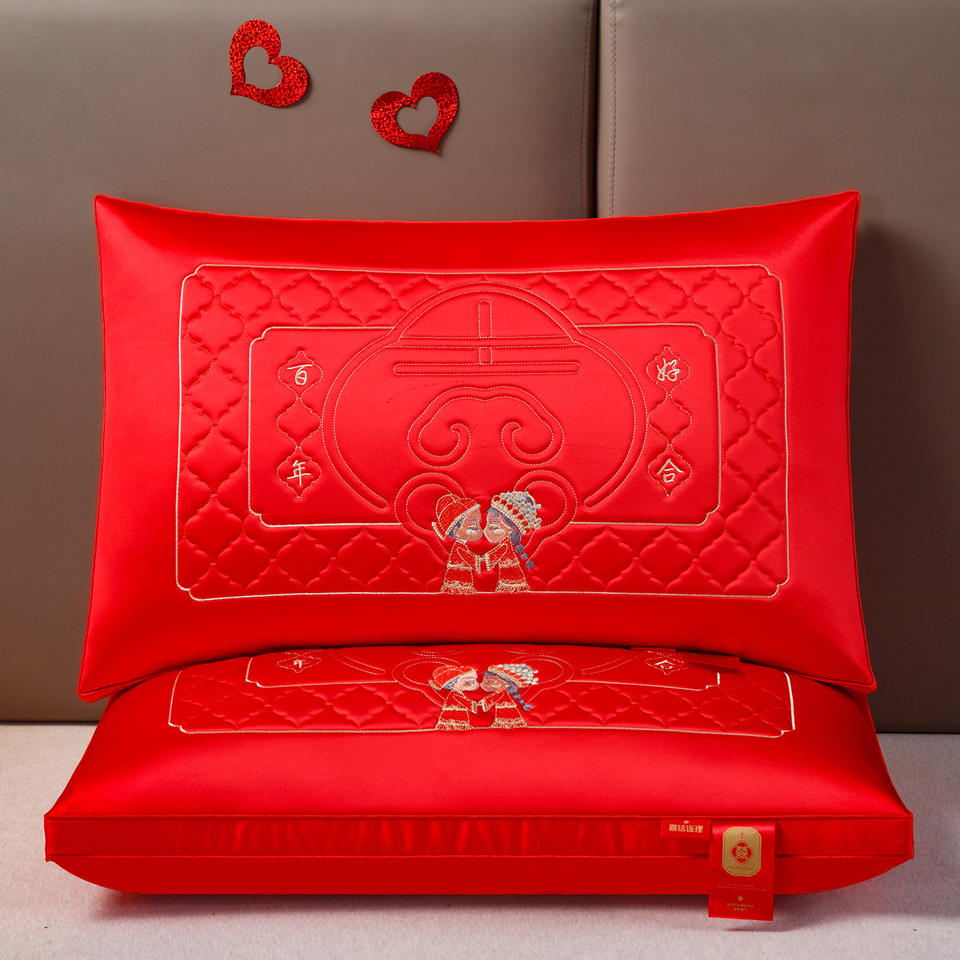 2025新款结婚红色枕头一对新娘陪嫁新婚礼物中式婚庆天丝刺绣枕芯