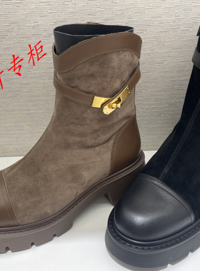 tigrisso蹀愫女鞋2025冬季增高时装靴女拼色粗跟短靴子TA65717-51