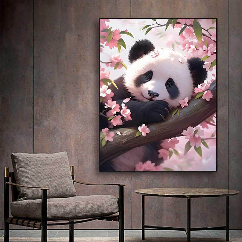 。2024新款满钻十字绣桃花熊猫带框可爱动物钻石画5d自粘钻客厅卧