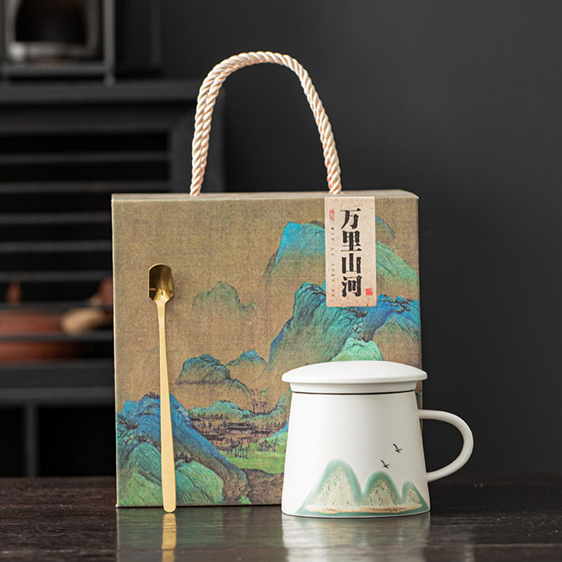 故宫国潮泡茶杯子茶水分离小号花茶杯陶瓷咖啡带盖马克杯礼品定制