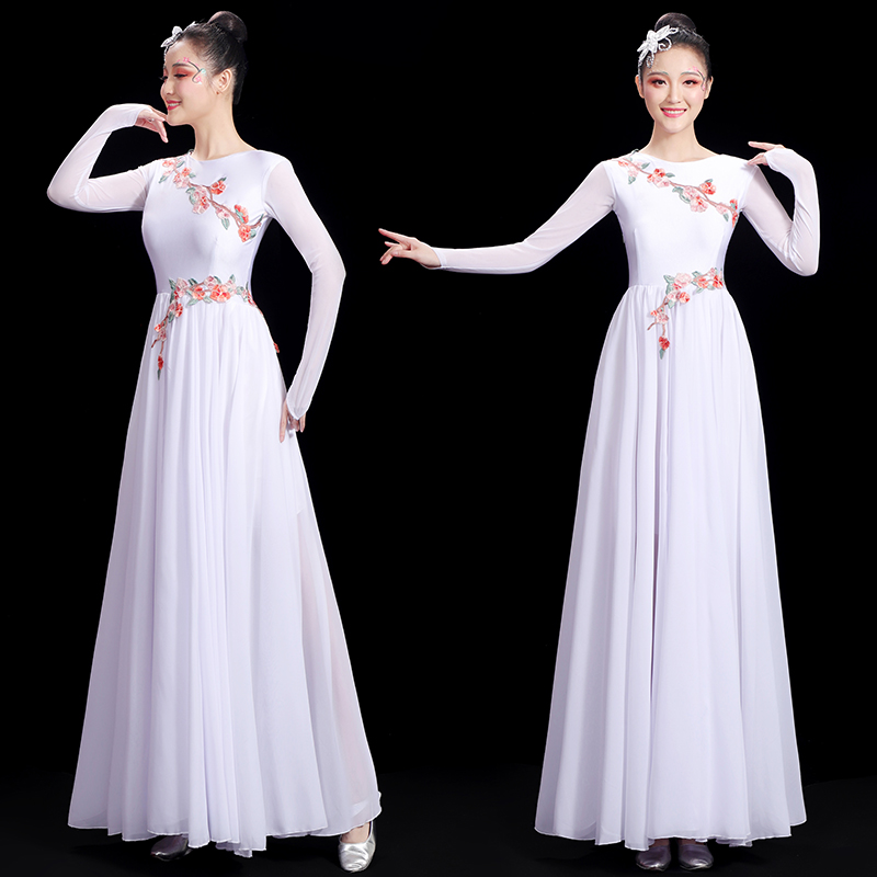 大合唱团演出服女长裙白色大摆裙