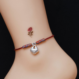 新中式复古风风平安如意锁纯银脚链女生手链999足银男情侣手绳