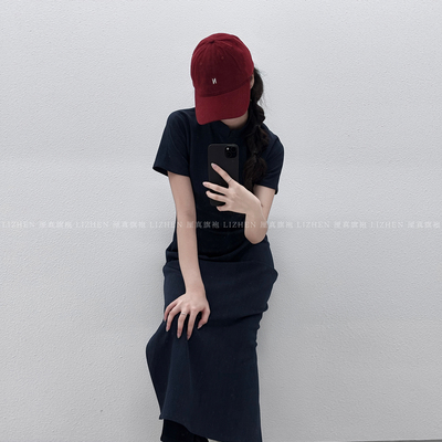 厘真极简丹宁短袖旗袍裙通勤修身