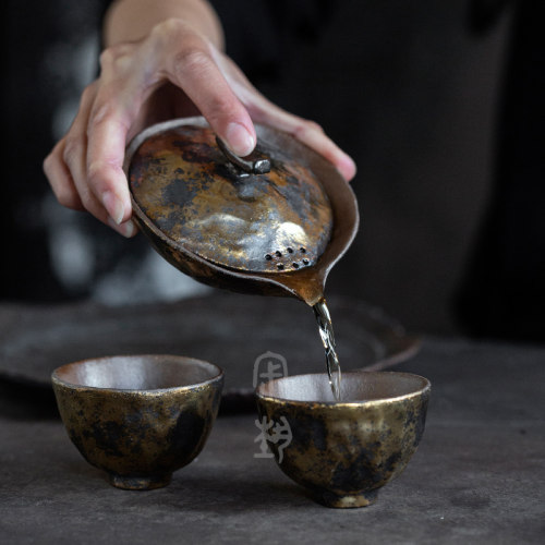 鎏银手抓壶鎏银箔茶具二才盖碗茶碗家用茶室防烫耐热轻奢泡茶器