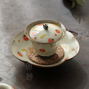 2025新款手绘柿子马蹄三才盖碗复古陶瓷茶具泡茶器好事花生茶碗