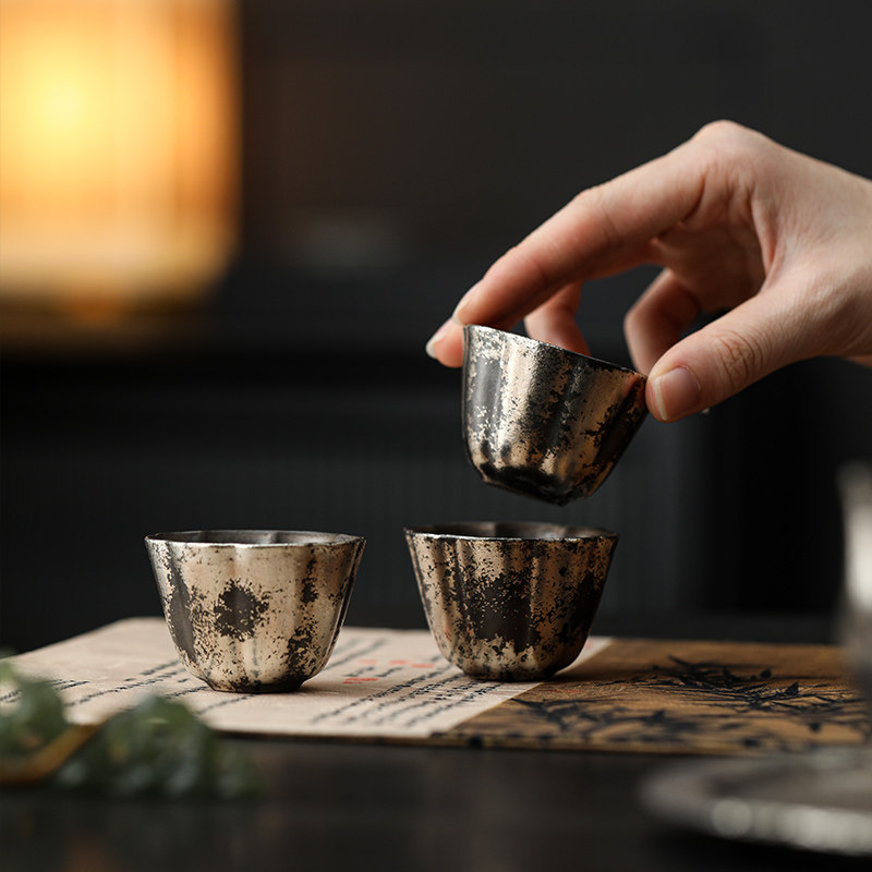 鎏银品茗杯老铁银斑轻奢茶具茶杯主人杯花瓣不烫手杯子单杯礼盒装