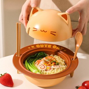 猫咪泡面碗学生宿舍带盖防烫陶瓷碗餐具卡通造型一人食方便面碗