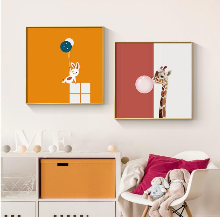 北欧卧室儿童房装饰画床头熊长颈鹿吹泡泡动物创意组合挂画男女孩图片
