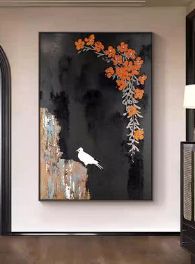 新中式中古风花鸟走廊过道装饰画黑色客厅沙发墙壁画入户玄关挂画