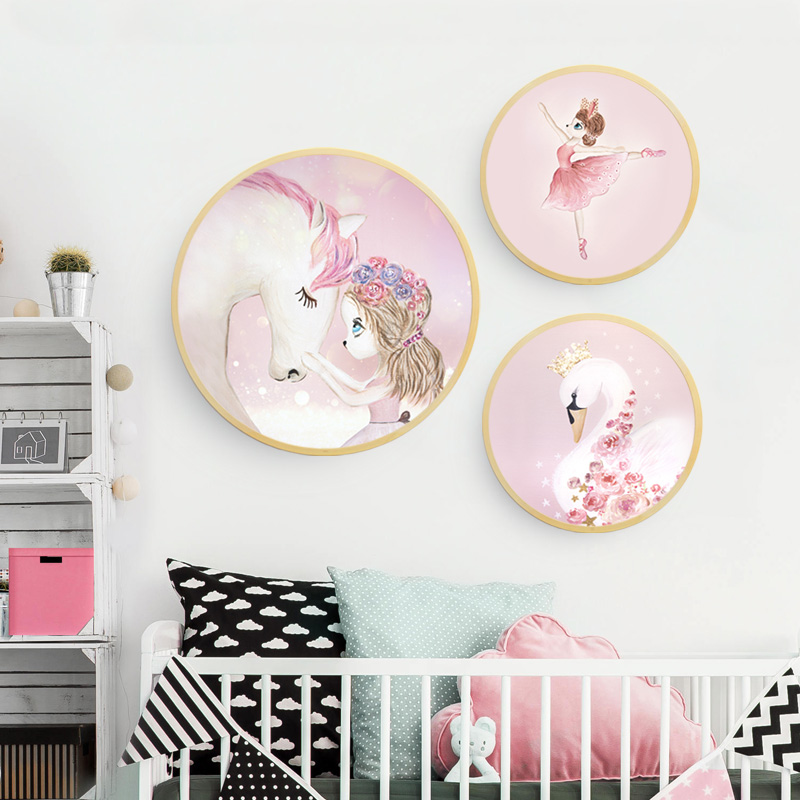 圆形装饰画铝合金挂画北欧ins风格卡通墙画儿童房女孩卧室壁画图片