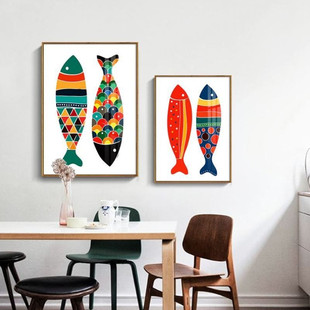 水彩鱼餐厅装饰画 现代简约单副三联儿童房卧室墙画客厅挂画