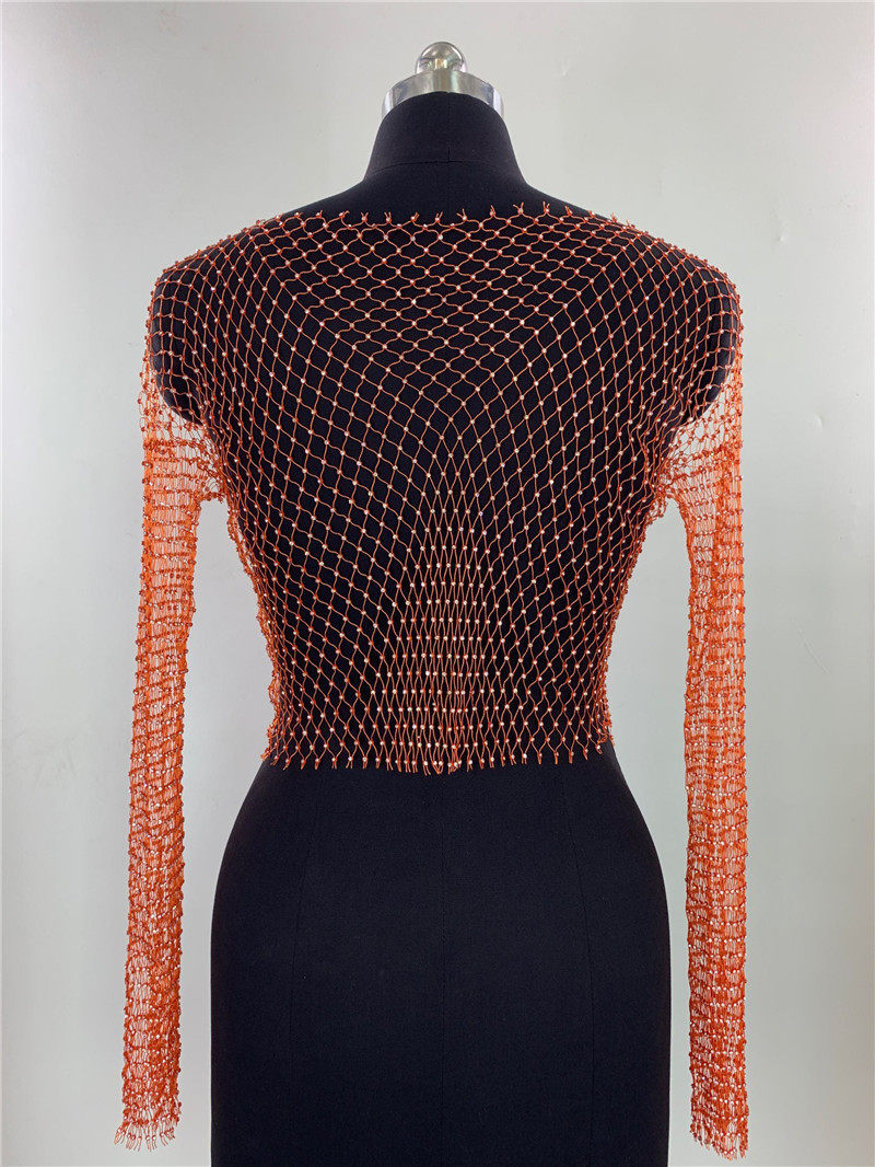 欧美-镂空罩衫渔网网钻网衣亮钻水钻长袖恤上衣女-精工性感