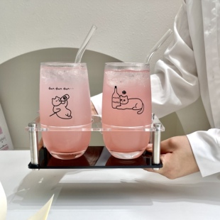 原创可爱小猫ins风莫吉托杯冷饮果茶杯玻璃杯果酒果汁杯气泡水杯