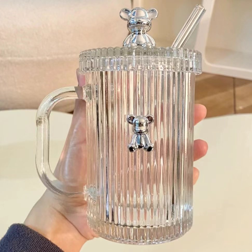 暴力熊玻璃杯水杯吸管杯带盖家用喝水杯子女透明办公室咖啡杯茶杯