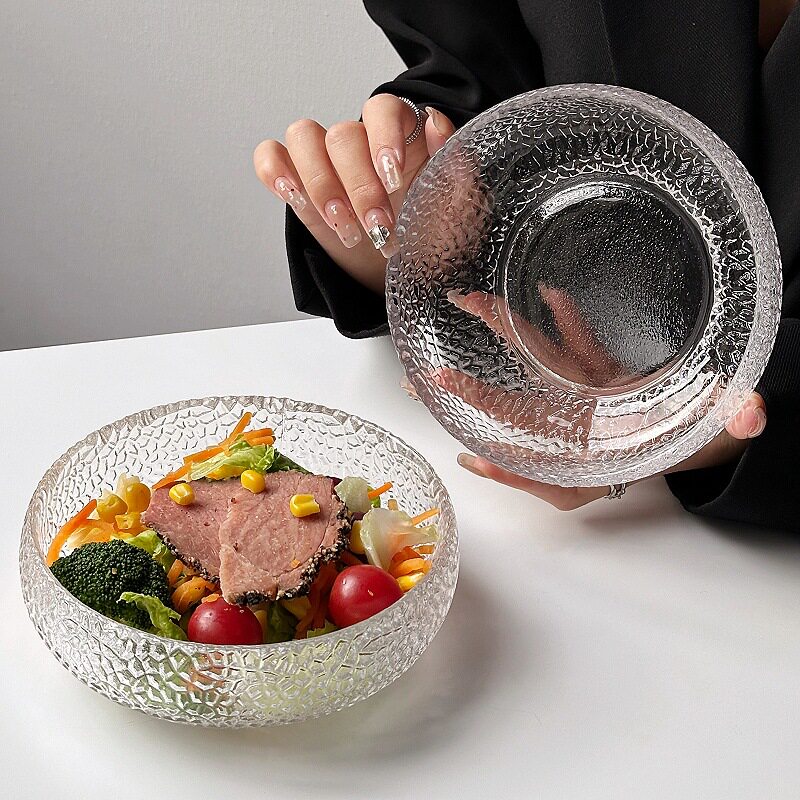 日式锤纹玻璃碗水果沙拉碗家用高