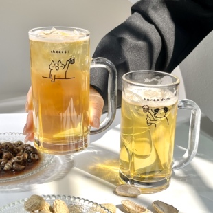 原创可爱猫狗玻璃杯家用大容量精酿啤酒杯ins果汁杯耐高温扎啤杯