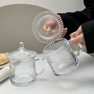 新中式磨砂茶水杯带把手玻璃杯茶楼泡茶杯带盖办公室喝水杯耐高温