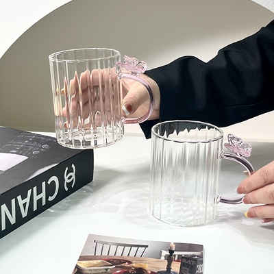 ins简约条纹水杯少女心蝴蝶玻璃杯茶杯耐热牛奶咖啡杯果汁饮品杯