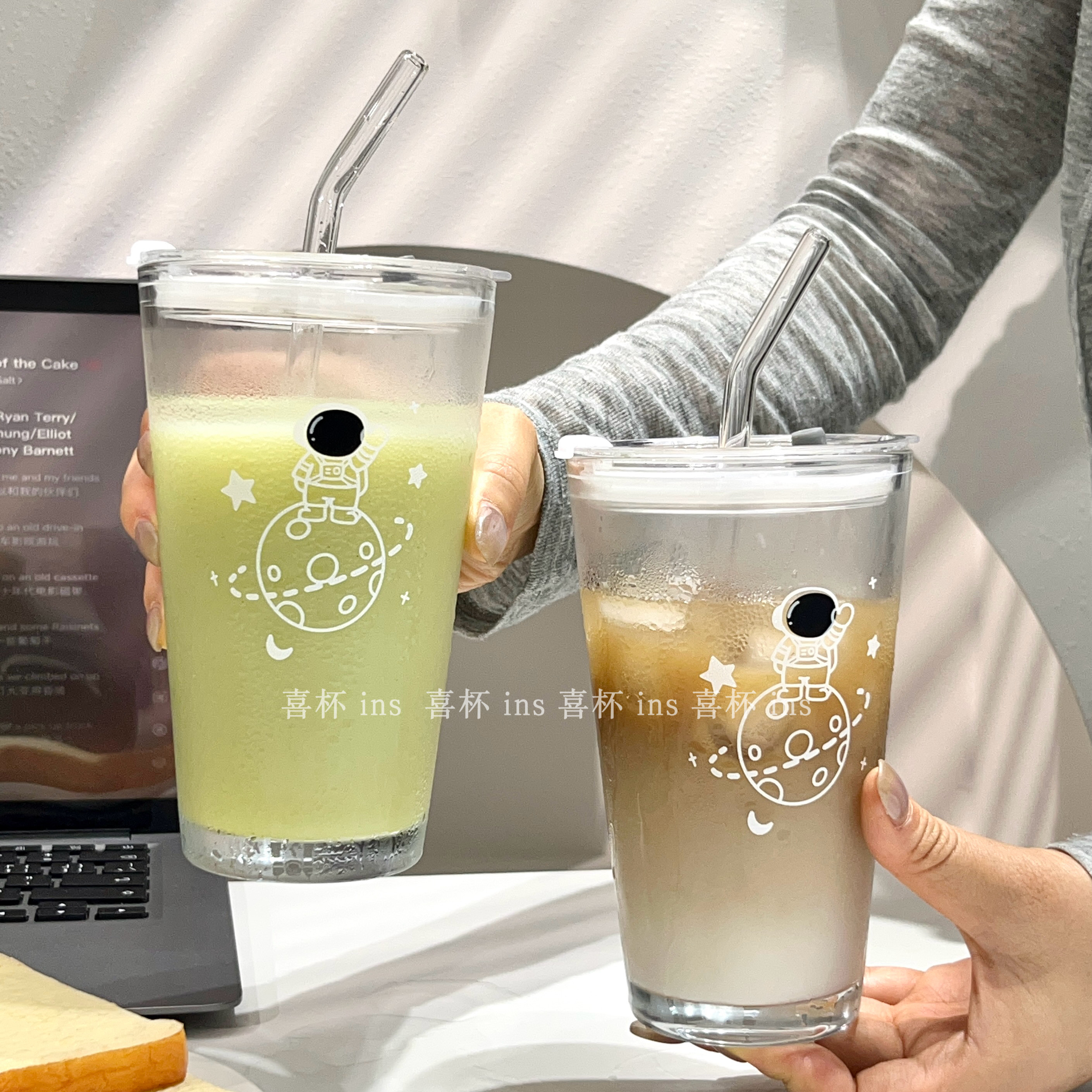 原创太空人印花耐热密封玻璃杯图片