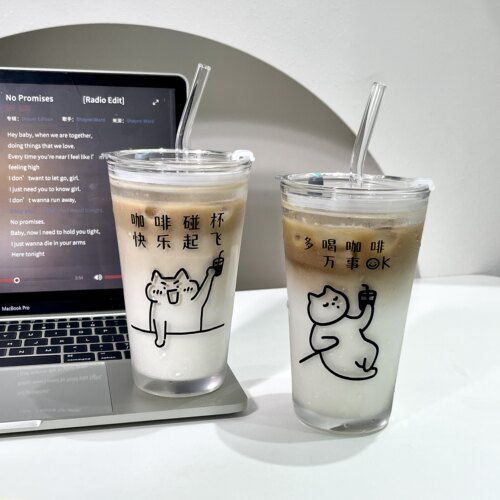 原创小猫ins风吸管水杯牛奶杯玻璃杯美式咖啡杯果汁饮料杯大容量