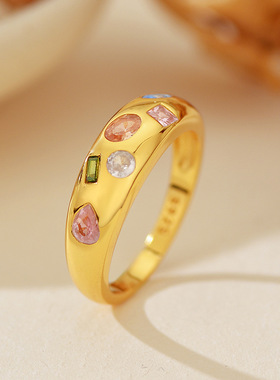 欧美跨境热销s925纯银镶彩色锆石戒指女轻奢感亚马逊爆款手饰