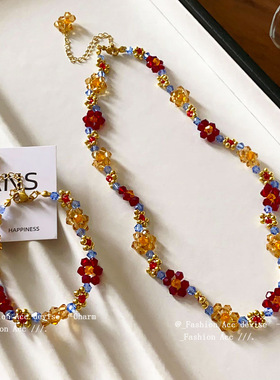 彩色多巴胺串珠编织花朵项链甜美森系小清新锁骨链时尚百搭饰品