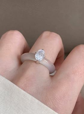 s925纯银新中式素圈清透玉髓石素圆指女国风气质指环食指戒指