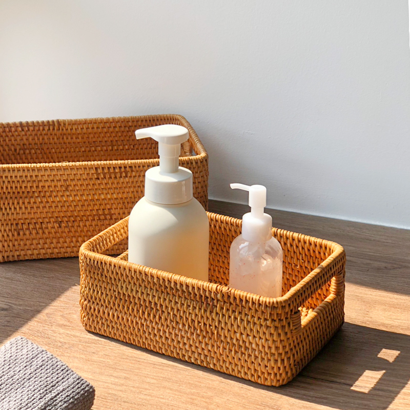 收纳盒桌面手工编织收纳筐日式藤编杂物化妆品零食玄关钥匙收纳i.