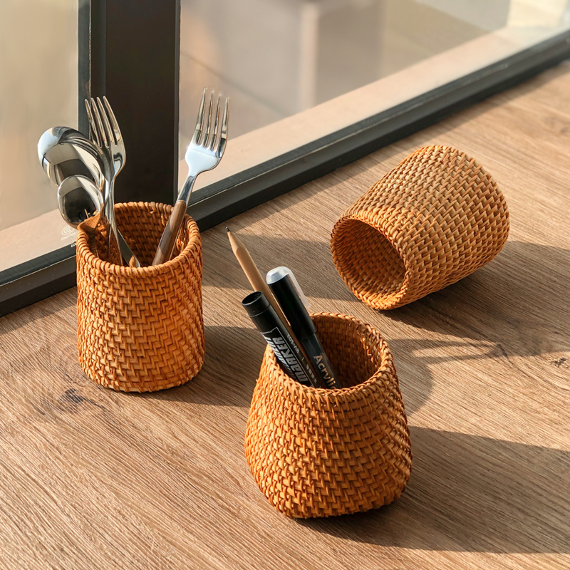 越南藤编桌面储物办公文具化妆储物笔筒手工复古摆件刀叉收纳筒