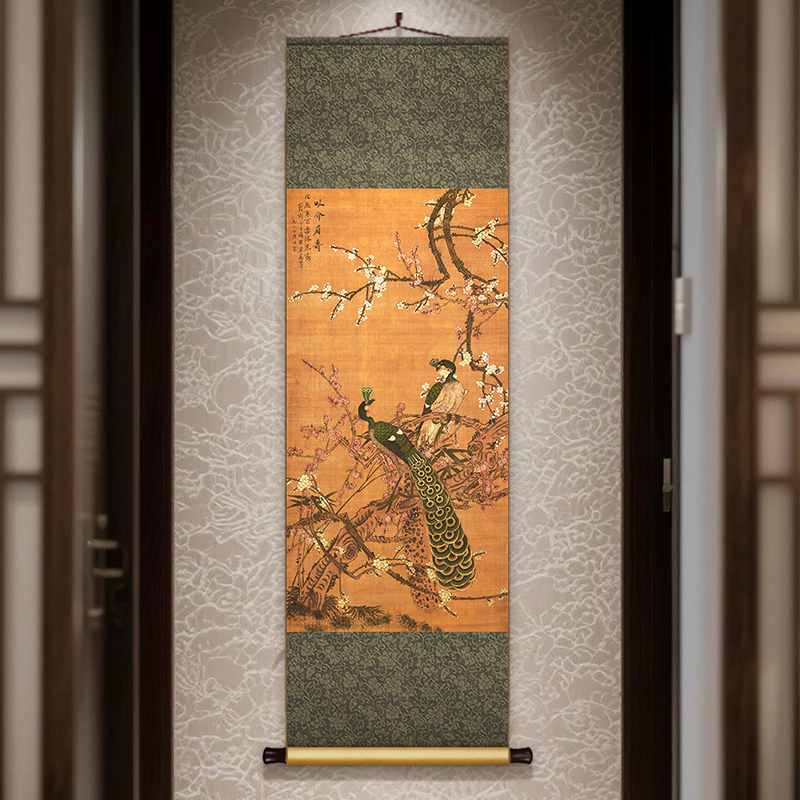 梅花孔雀图新中式丝绸卷轴挂画玄关过道装饰画客餐厅书房花鸟国画图片