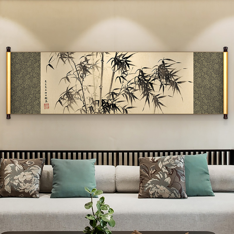 水墨竹子中式卷轴挂画客厅沙发背景墙装饰画餐厅卧室书房墙壁画