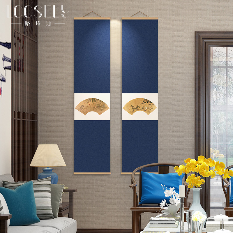 仇英扇面画书房卷轴挂画新中式茶室餐厅竹帘画客厅玄关过道装饰画