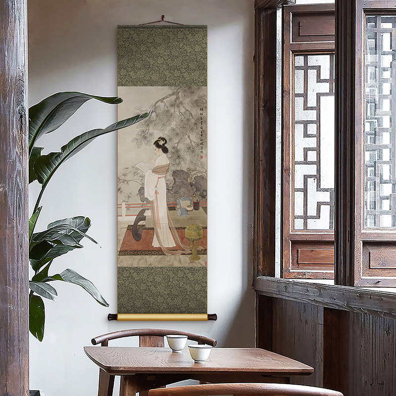 新中式丝绸卷轴挂画仕女读书办公室书房装饰画客厅玄关背景墙壁画