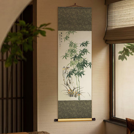 竹报平安新中式丝绸卷轴挂画玄关走廊过道装饰画餐厅书房茶室壁画