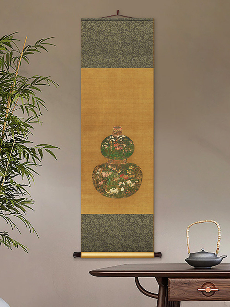元代陈琳葫芦花瓶图中式客厅书房复古卷轴挂画茶室餐厅过道装饰画