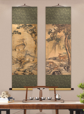 沈铨受天百禄图新中式丝绸卷轴挂画书房茶室装饰画九如图玄关壁画
