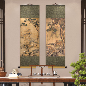 沈铨受天百禄图新中式丝绸卷轴挂画书房茶室装饰画九如图玄关壁画