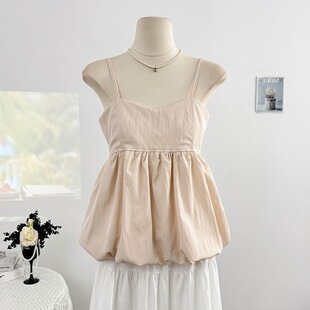 百搭外穿无袖 宽松显瘦娃娃衫 上衣 白色褶皱v领吊带背心女夏季 法式