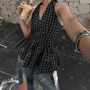 上衣 外穿辣妹性感修身 藏青色格纹露背v领挂脖吊带背心女夏季 无袖